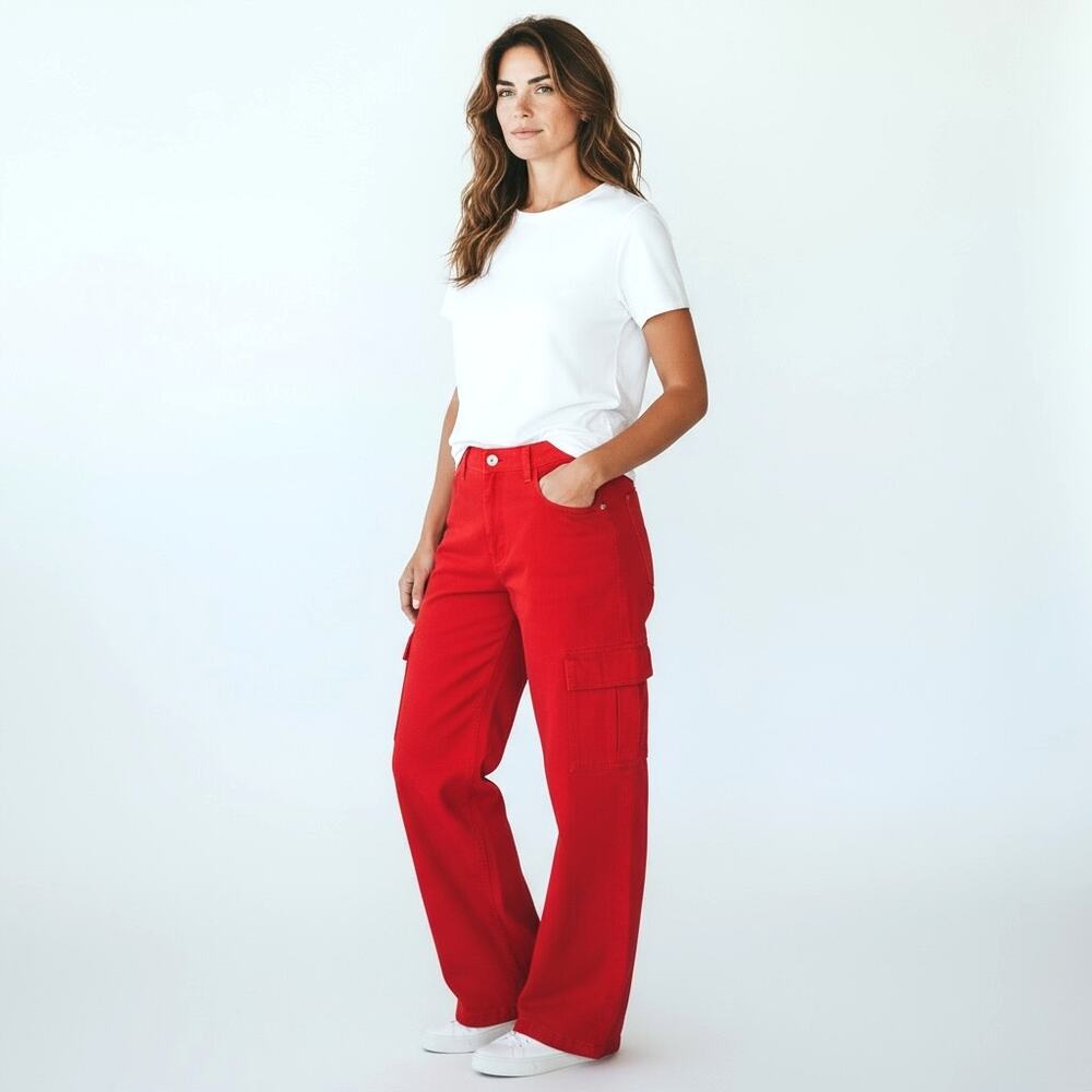 NOBO Reto Y2K Wide Leg High Rise Red Cargo Jeans Women’s Sz 17 Skater Festival